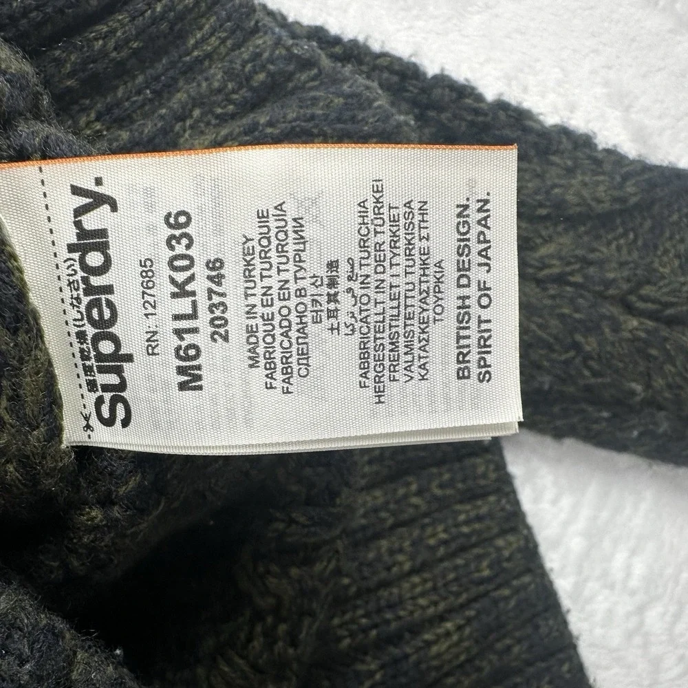 Superdry Mens Cable Knit Fisherman Sweater Olive Green Crewneck NE002 Size Large